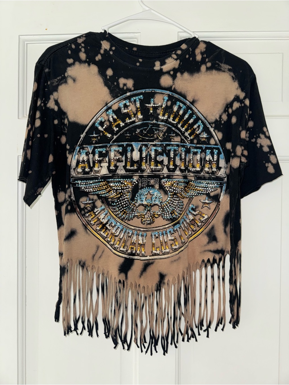 Affliction Black & Beige Tie-Dye Fringe Graphic Crop Top with Metallic Accents
